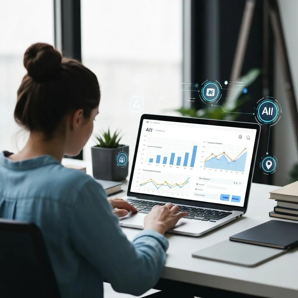 A sleek digital dashboard displaying advanced AI tools for local SEO optimization within a modern, professional setting