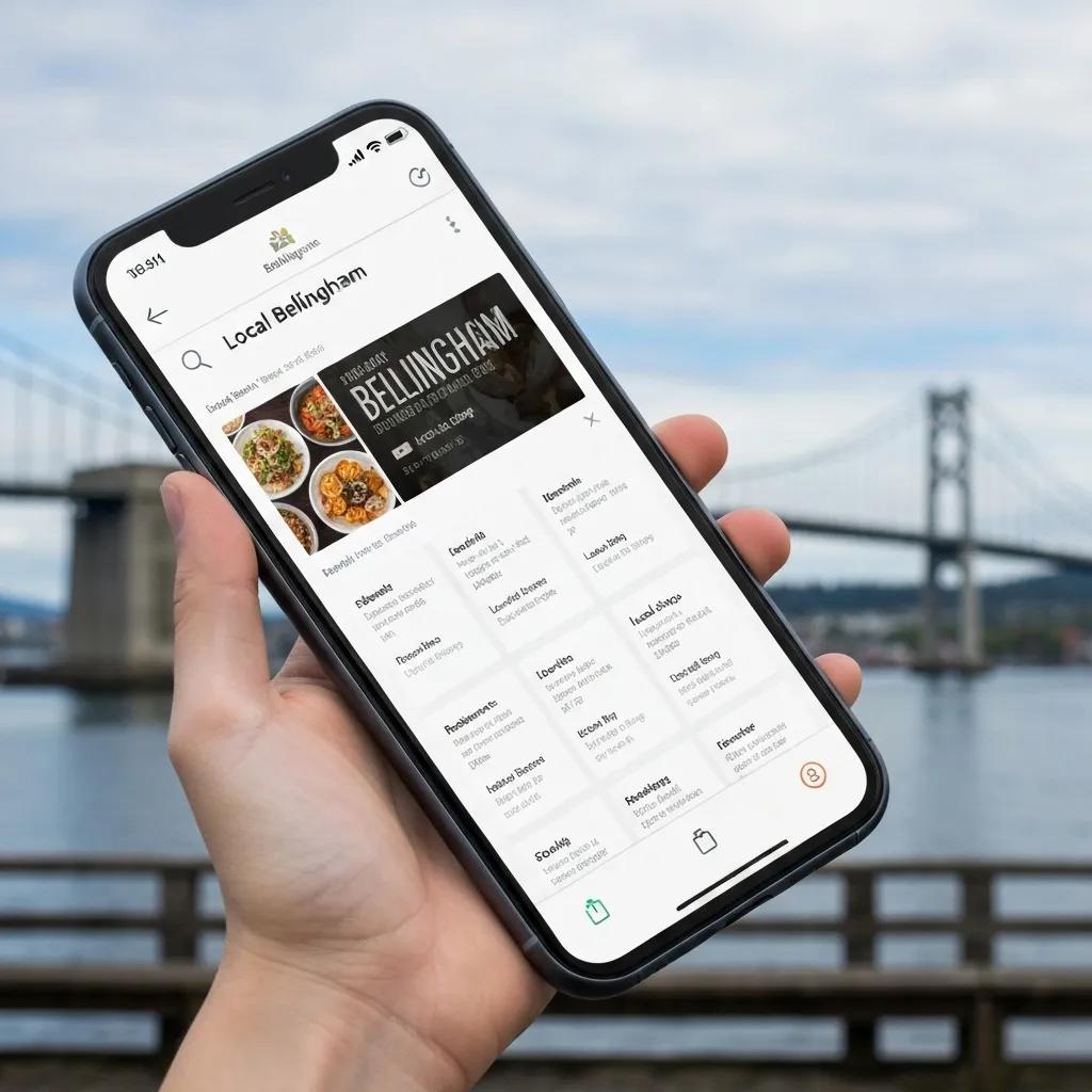 Smartphone displaying local search results with prominent Bellingham landmarks in the background