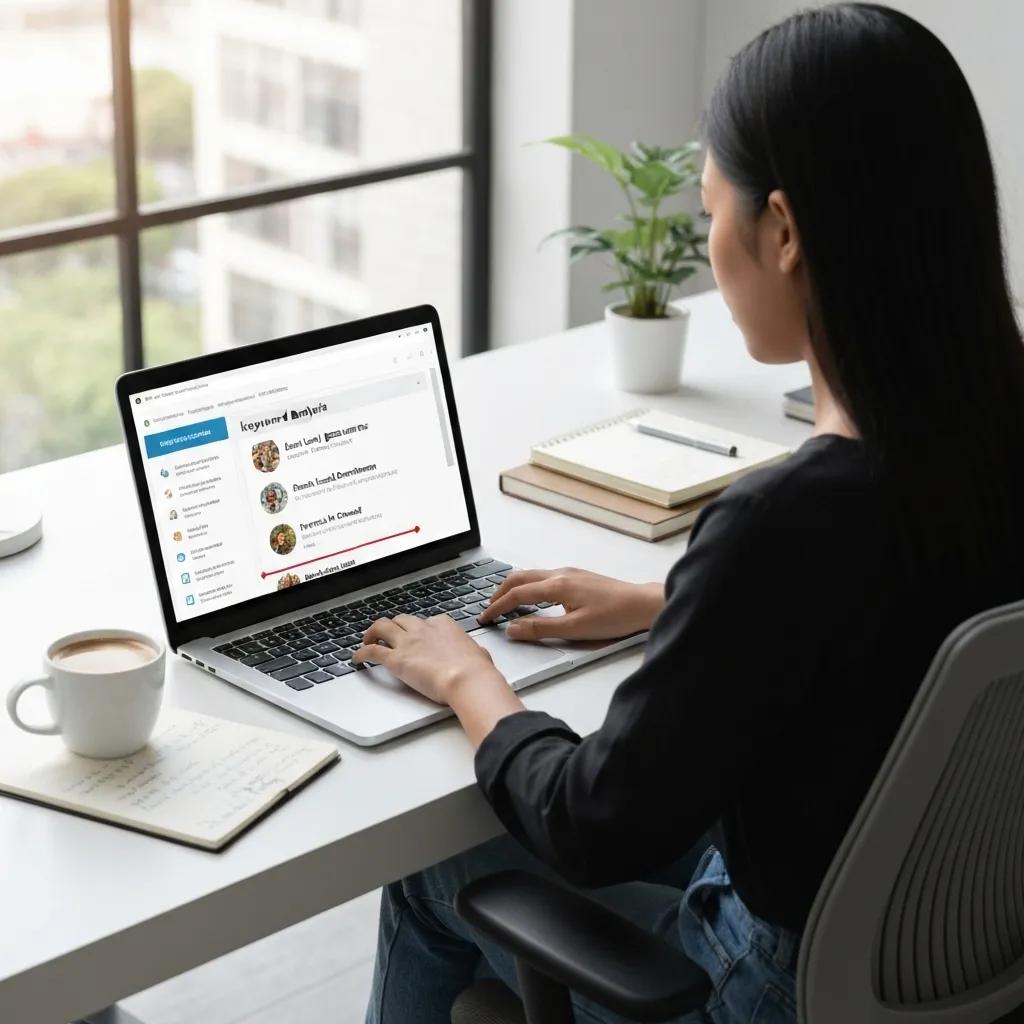 Boost Google Visibility for Bellingham Businesses 3 A person intently conducting keyword research on a laptop, focusing on hyperlocal terms and digital marketing strategies