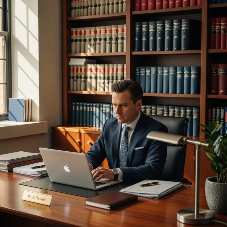 Lawyer working on a laptop in a professional office setting, emphasizing attorney SEO strategies