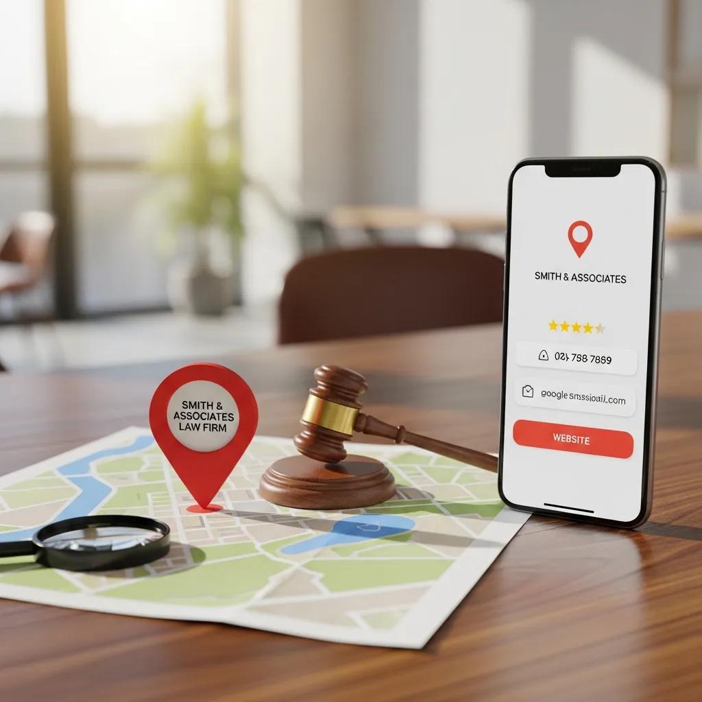 Map pin and phone showing a Google Business Profile — highlighting local search for law firms
