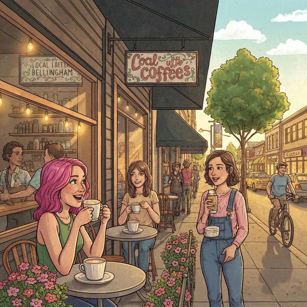 Bellingham local business scene with customers at a coffee shop, emphasizing community engagement and local commerce