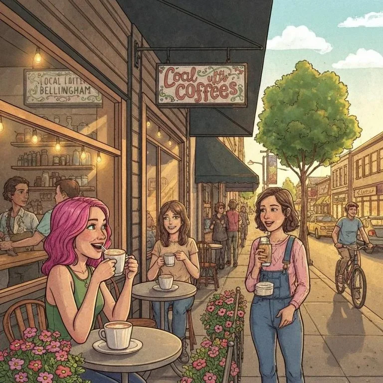 Bellingham local business scene with customers at a coffee shop, emphasizing community engagement and local commerce